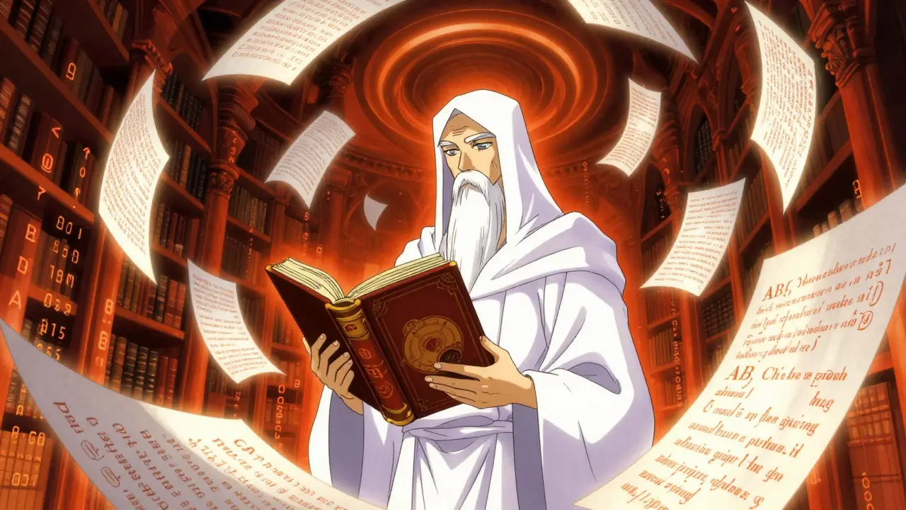 CLAMP style anime scholar holding glowing orange book of regulations
