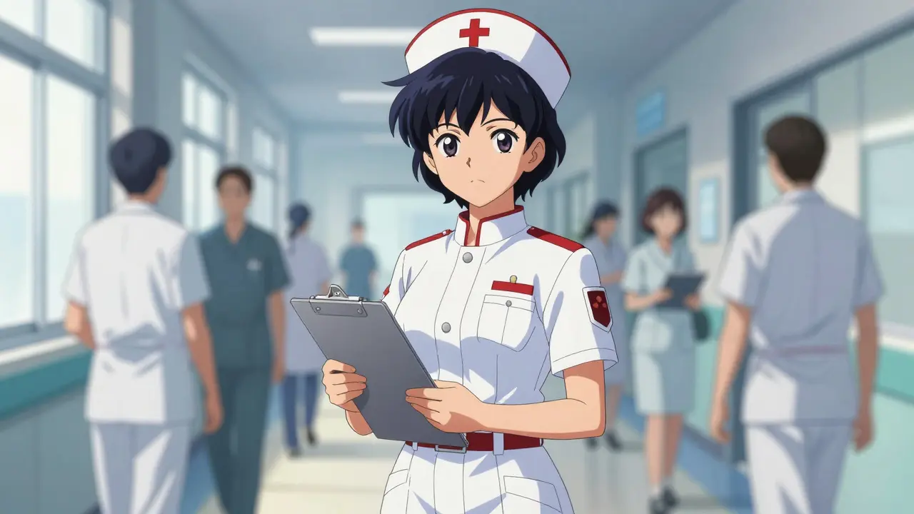 Compassionate paramedic standing in a busy hospital hallway