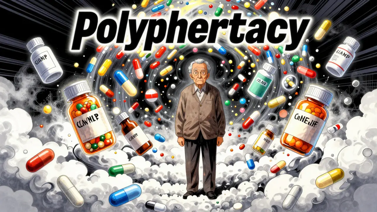 Conceptual art of pills swirling around an older adult, showing polypharmacy risk
