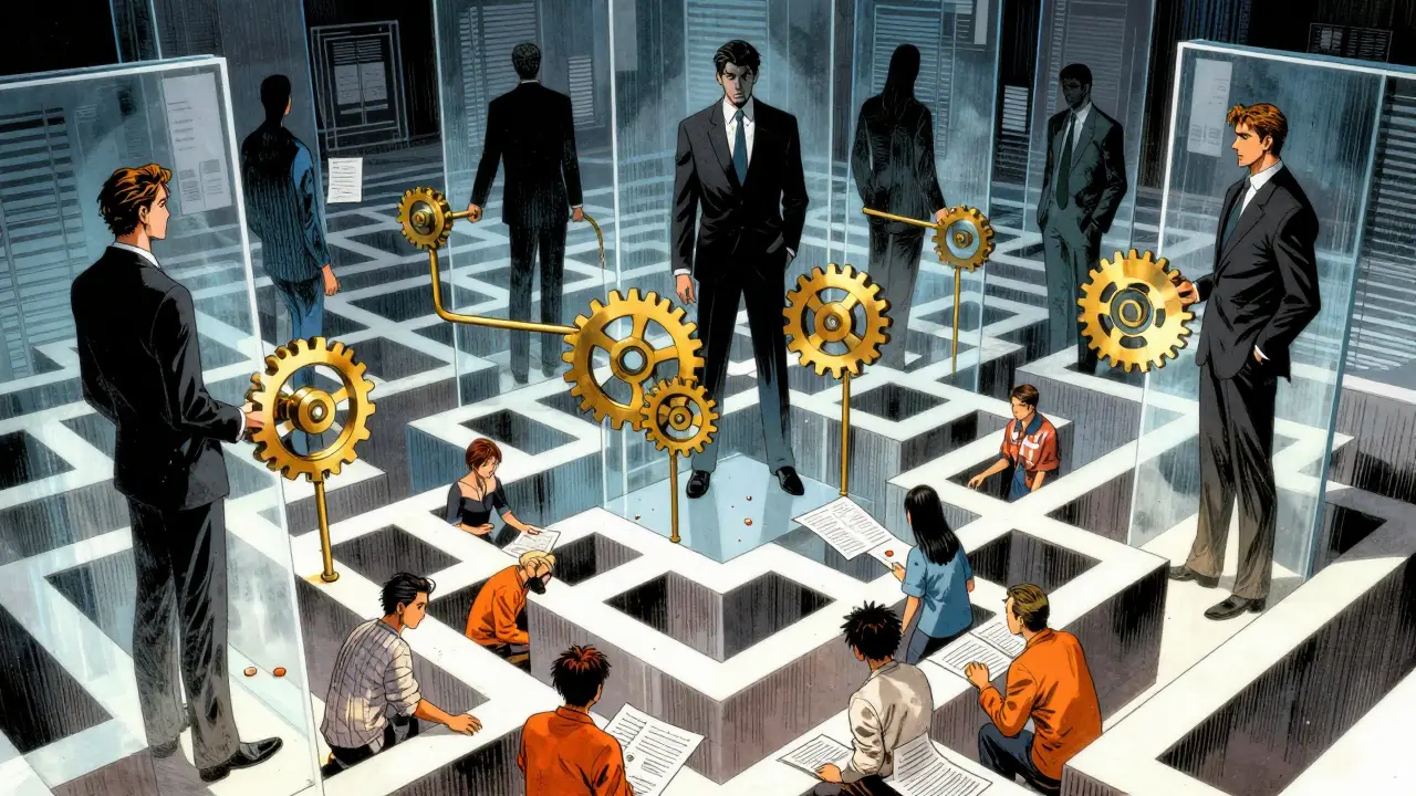 Corporate figures manipulating medicine access in complex maze