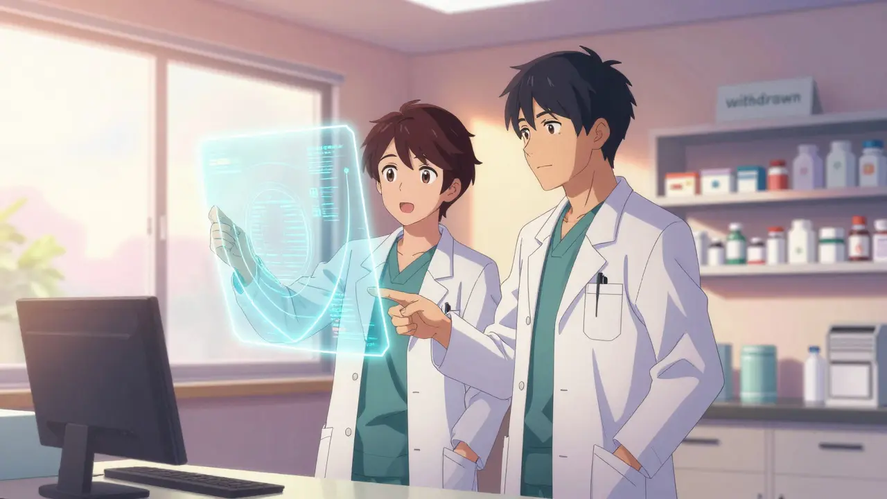 Doctor and pharmacist reviewing data projections in a sunny clinic office