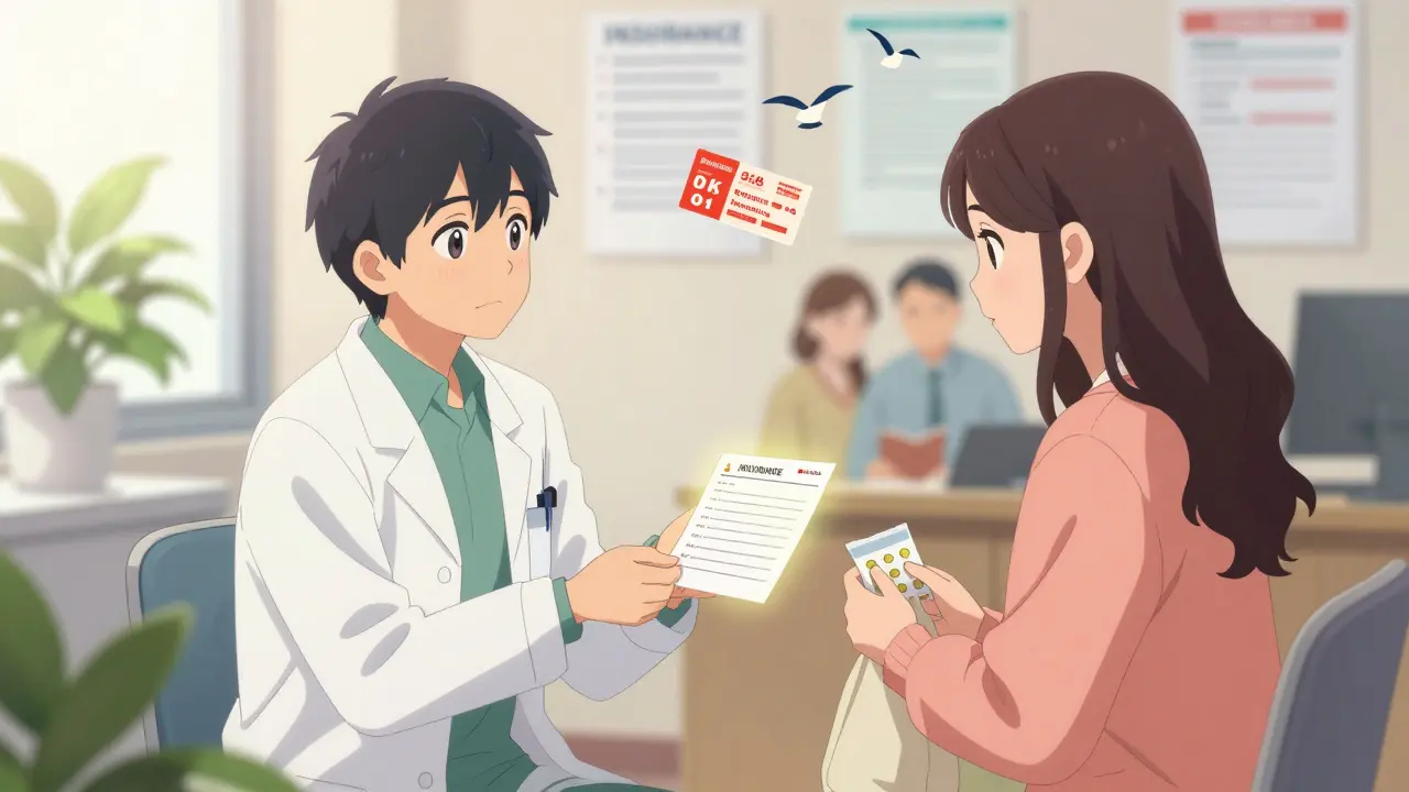 Doctor handing prescription to patient in a bright, supportive office