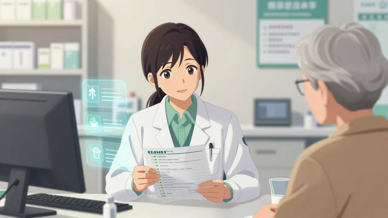 Doctor reviewing medication list with senior patient for safety