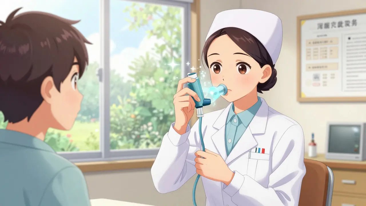 Doctor teaching patient how to use inhaler spacer