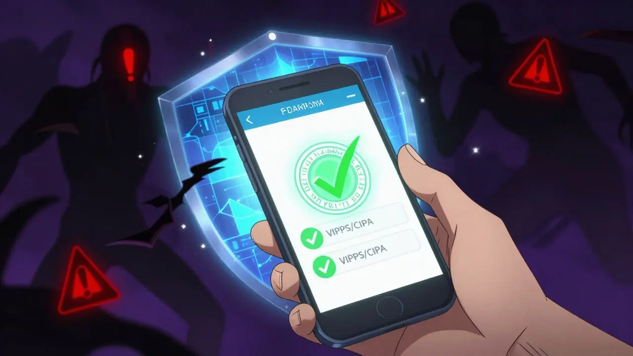 Hand holding phone with verified pharmacy seals repelling scam shadows