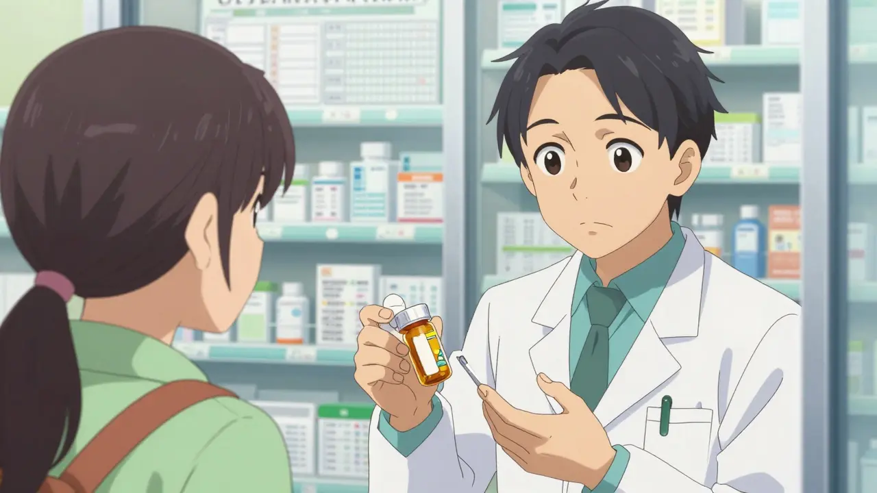 Pharmacist explaining pill usage to an attentive patient in anime style.