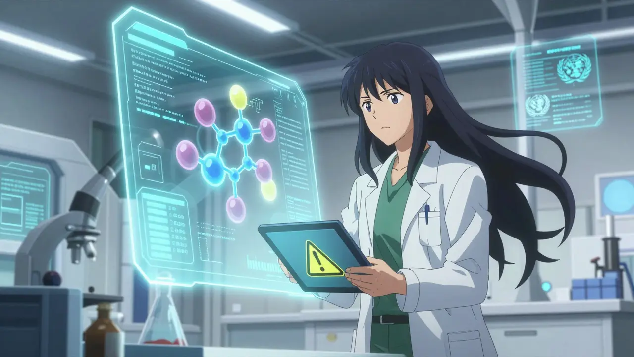 Scientist in a lab reviewing data on a screen with warning symbols
