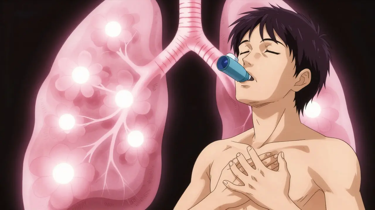 Stylized anime art of healthy lungs and breathing
