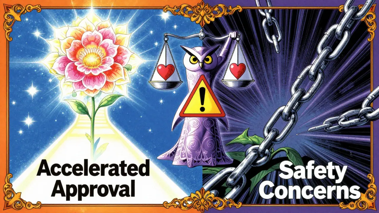 Symbolic art showing drug approval pathways balanced against safety risks