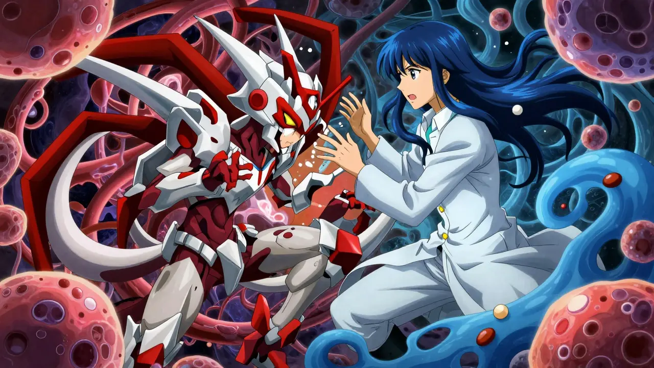 Two stylized characters tangled in a cell, showing drug interaction risks