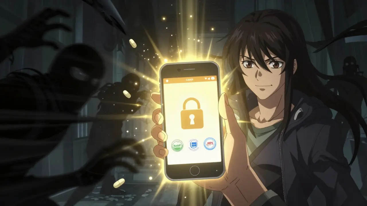 Anime character using secure app to buy medicine safely