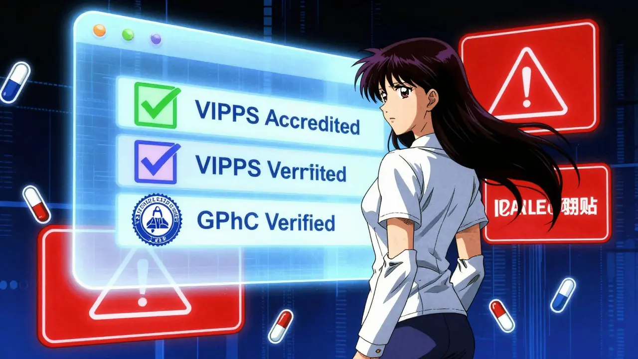 Anime character verifying safe pharmacy seals on screen