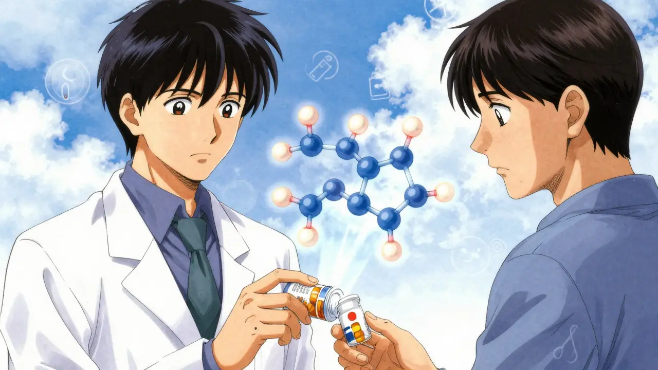 CLAMP style artist depiction of pharmacist explaining generic drug safety to patient
