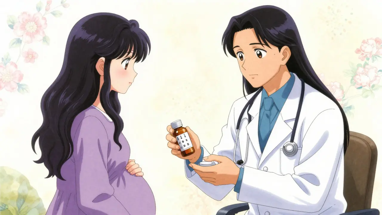 Doctor advising pregnant patient on medication in CLAMP manga style