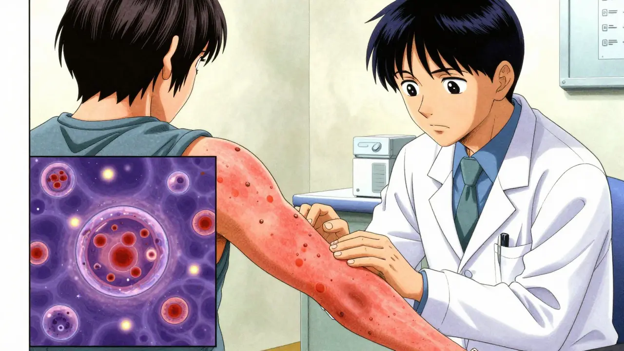 Doctor examining arm with cholinergic urticaria rash in manga style