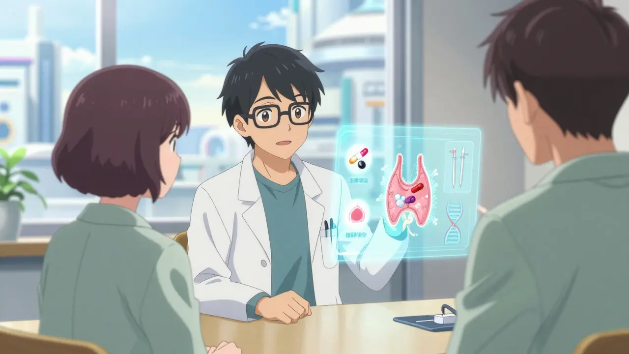Doctor explaining thyroid treatments with hologram, hopeful anime scene