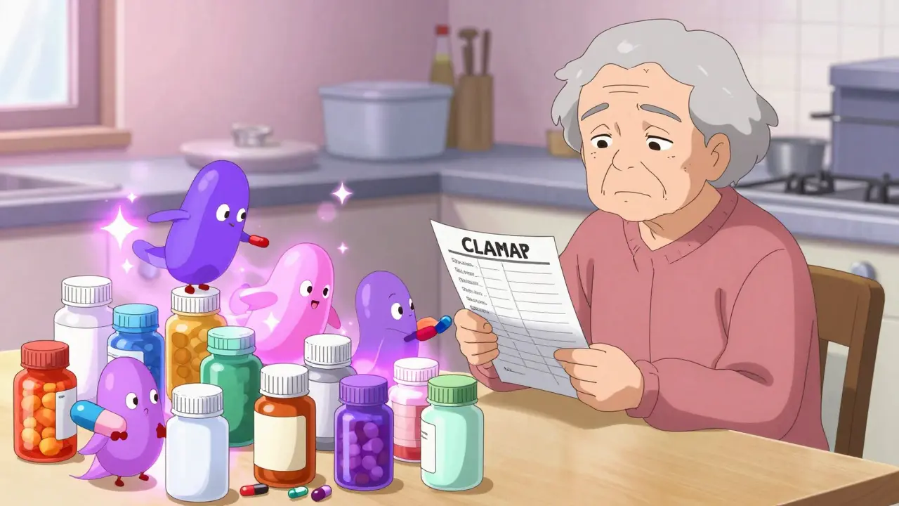 Elderly person surrounded by personified pills and meds