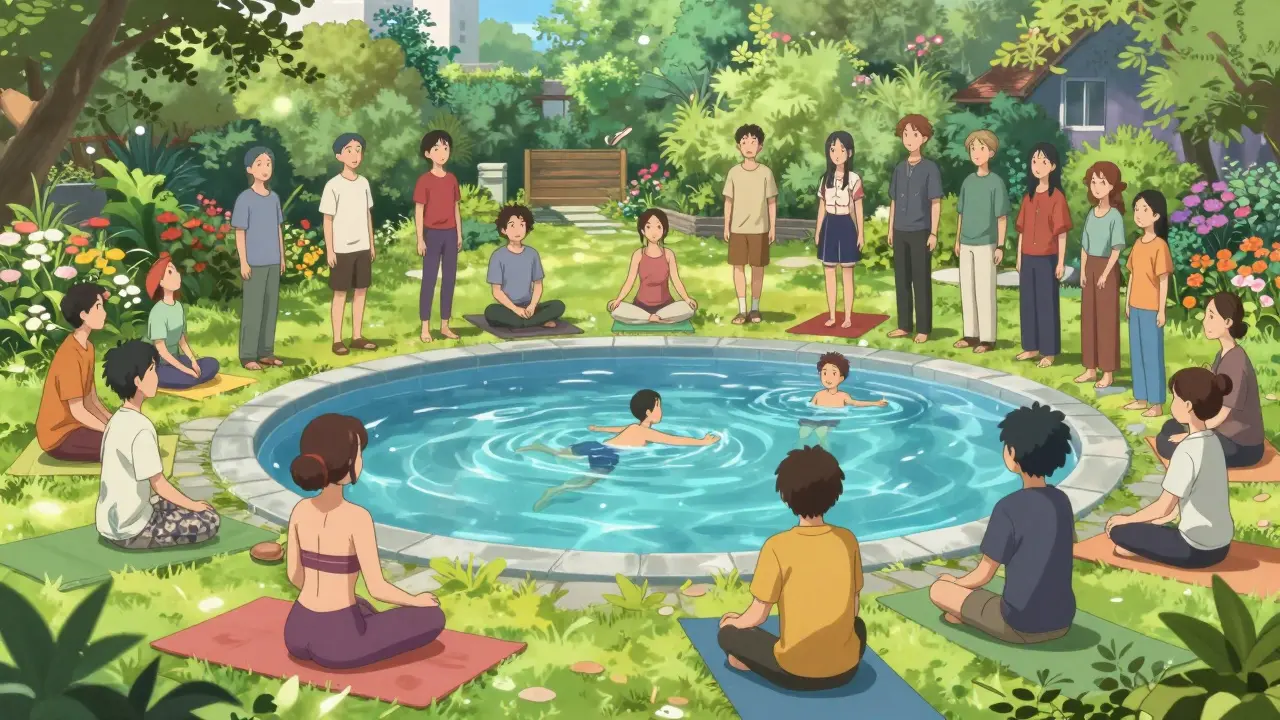 Group practicing yoga and swimming in a sunny park in CLAMP style
