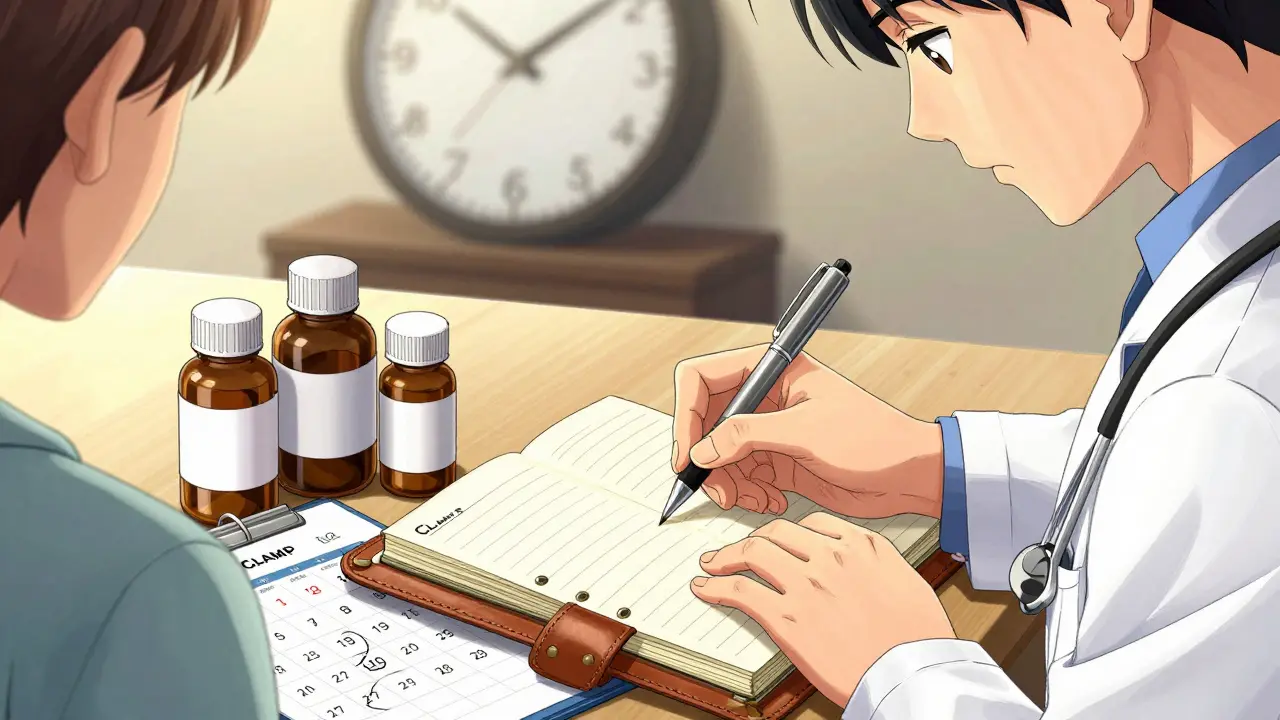Hands writing symptoms in a journal next to medication bottles.