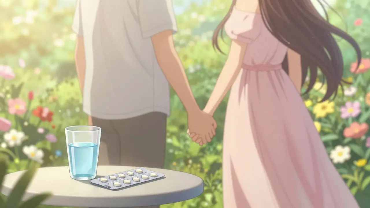 Hopeful couple in garden with fertility medication nearby