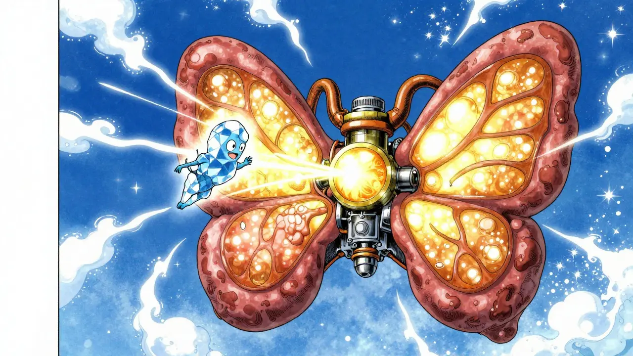 Magical iodine spirit fueling a butterfly-shaped thyroid gland, anime art