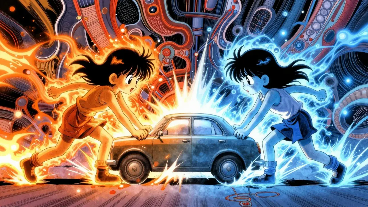 Manga figures pushing car oppositely to show drug conflict