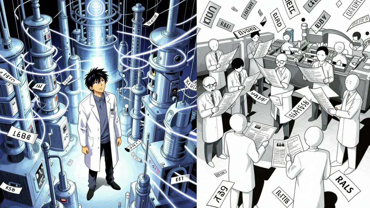 Manga illustration showing high R&amp;D costs for brand drugs vs low cost for generics