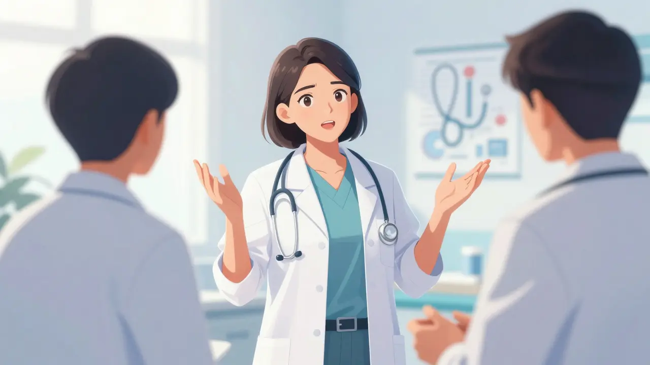 Patient confidently discussing side effects with a doctor.