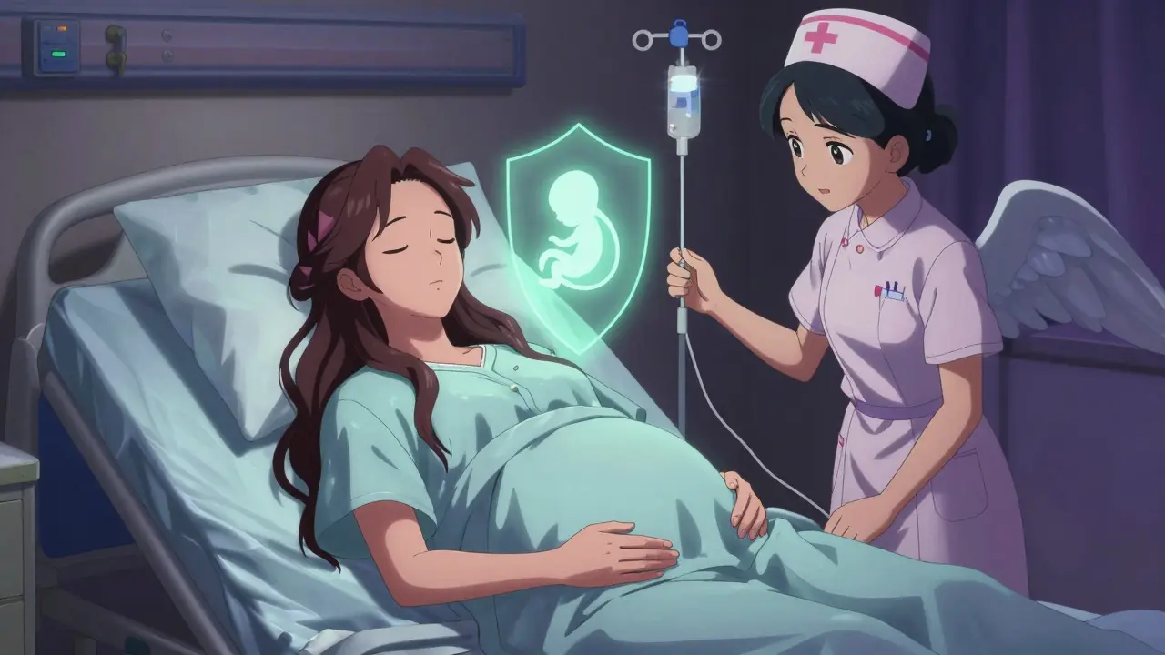 Pregnant woman receiving IV care in hospital, CLAMP anime art