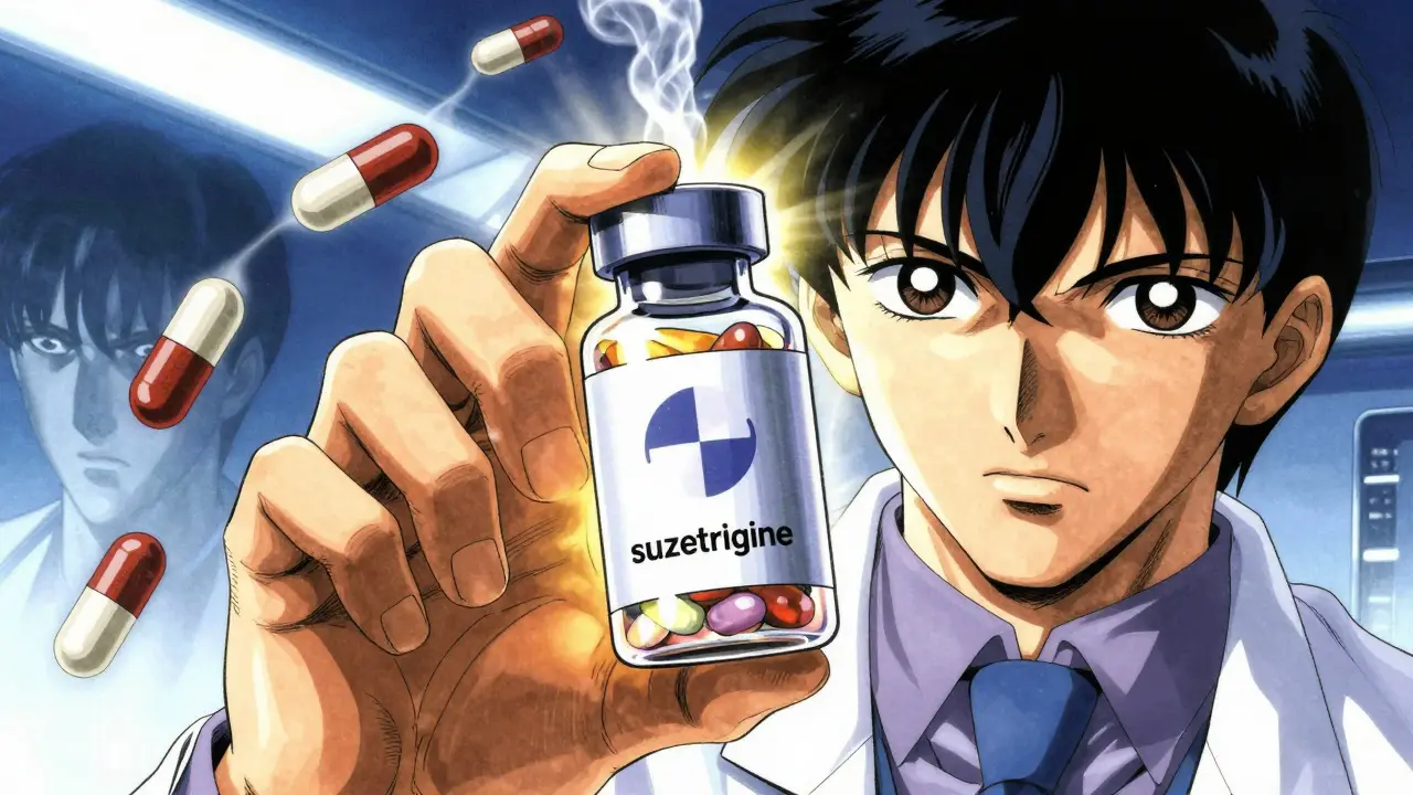 Scientist holding a crystal pill as old opioids dissolve in CLAMP style
