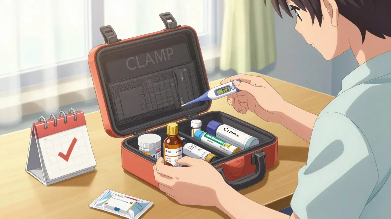 Anime character checking expiration dates and thermometer in emergency kit.