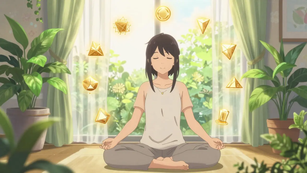 Anime character meditating peacefully with golden light and plants