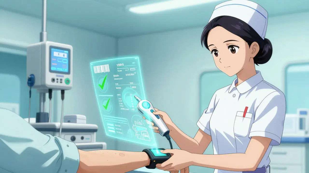 Anime nurse using a scanner and holographic tech for medication verification.