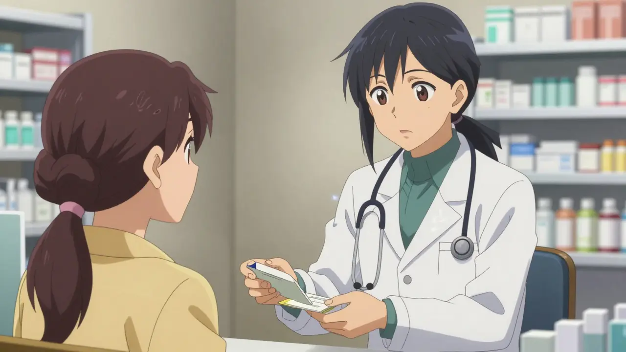 Anime pharmacist giving prescription to grateful patient