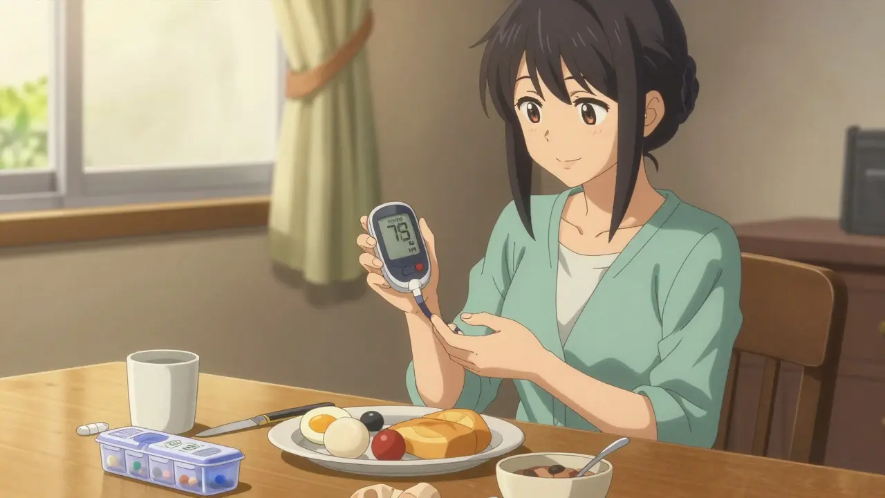 Calm anime character managing diabetes with consistent meal timing