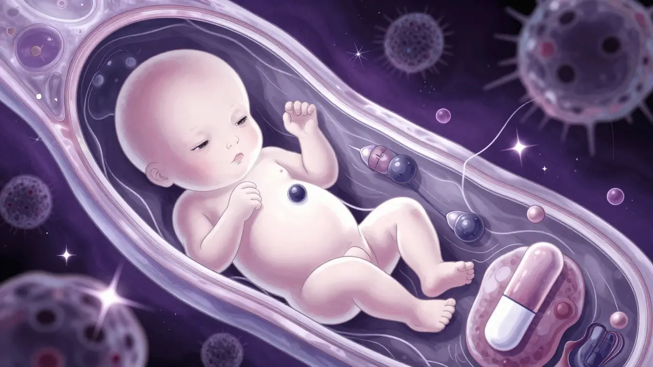 Conceptual art of drug molecules crossing the placental barrier