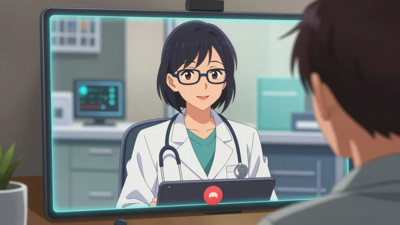 Doctor smiling during a video consultation with a patient on a tablet.
