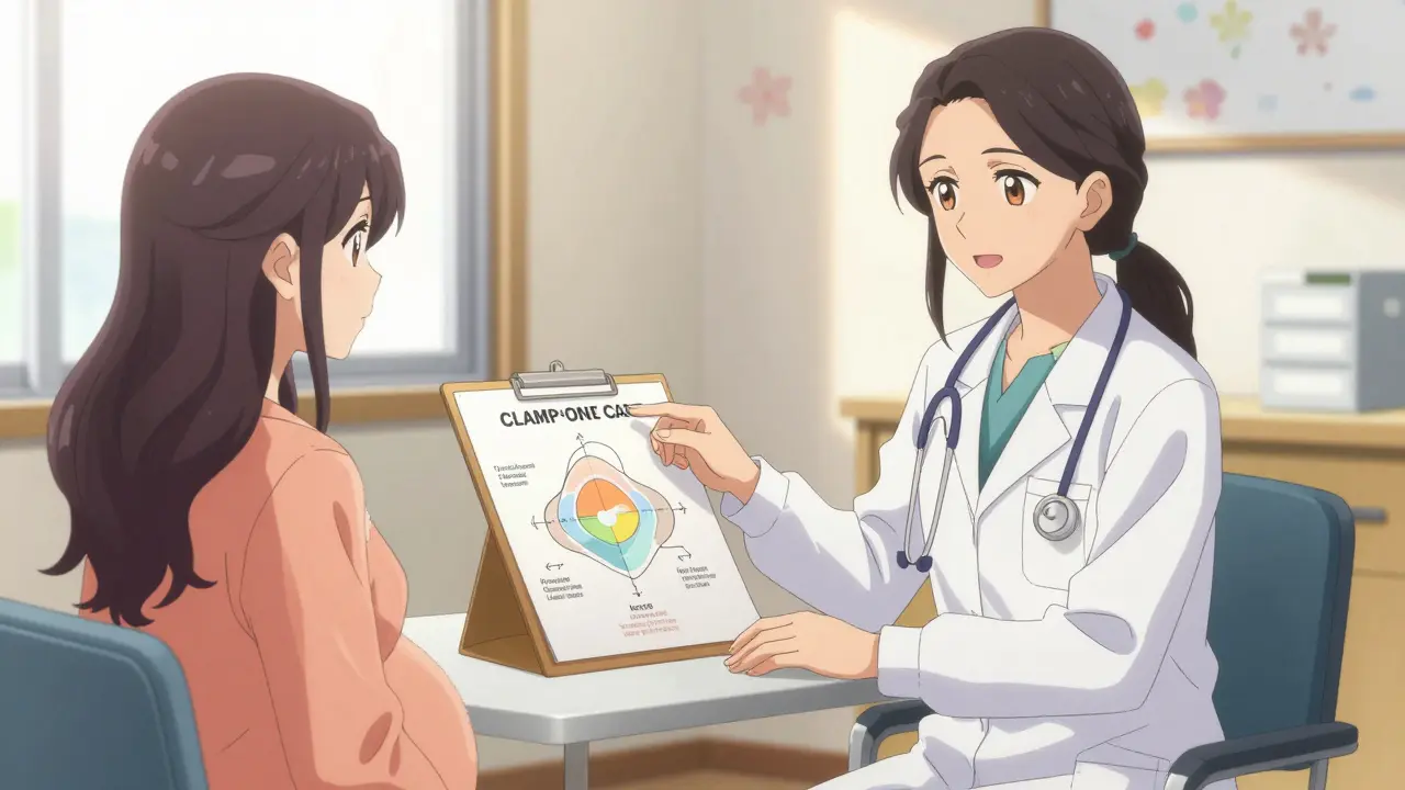 Doctors counseling a pregnant patient on safe treatment options