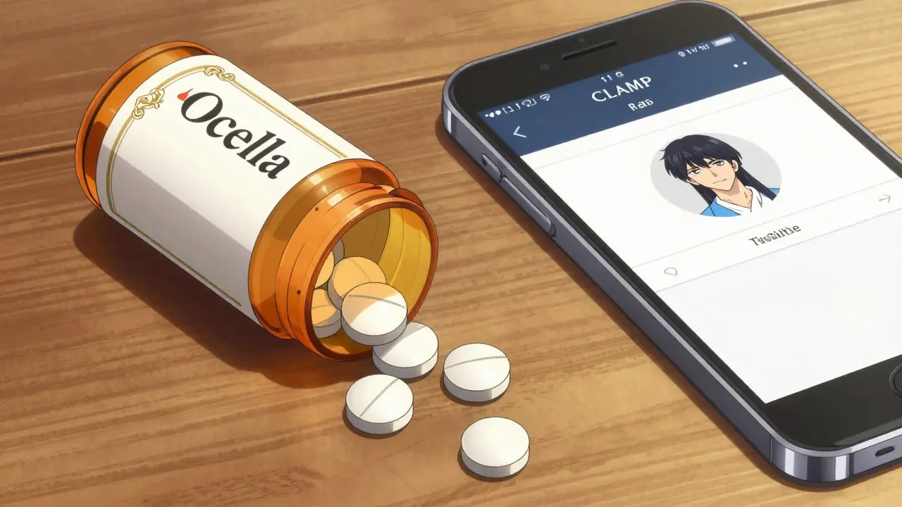 Generic birth control pills and a smartphone displaying a telemedicine app.