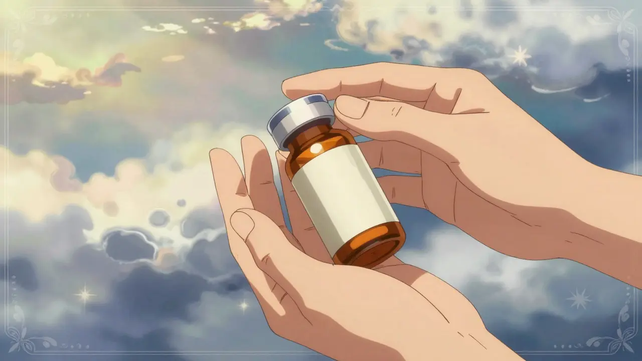Hands holding discreet medication package against a dreamy sky