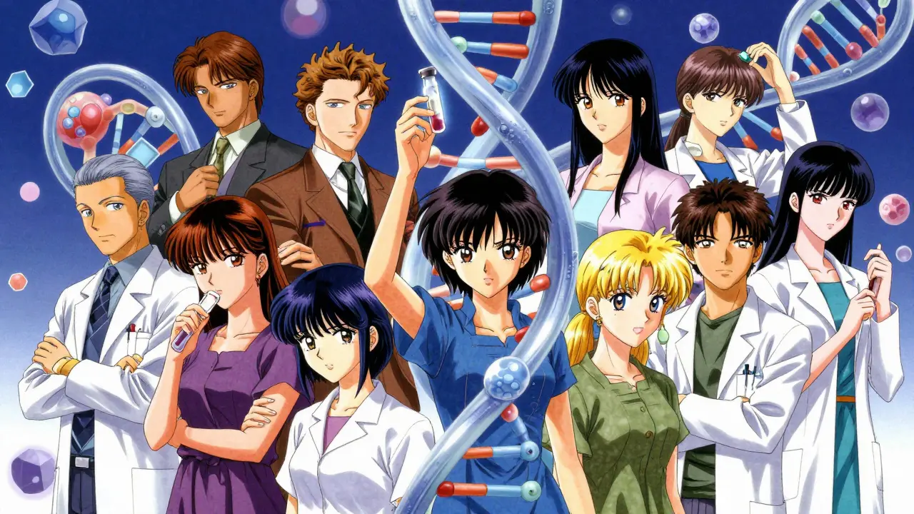 Manga art of researchers and patients studying glowing DNA strands