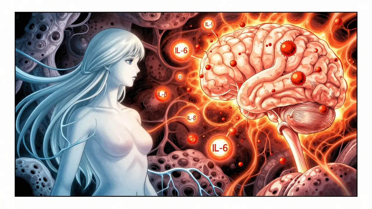 Manga illustration of cytokines attacking brain cells causing inflammation