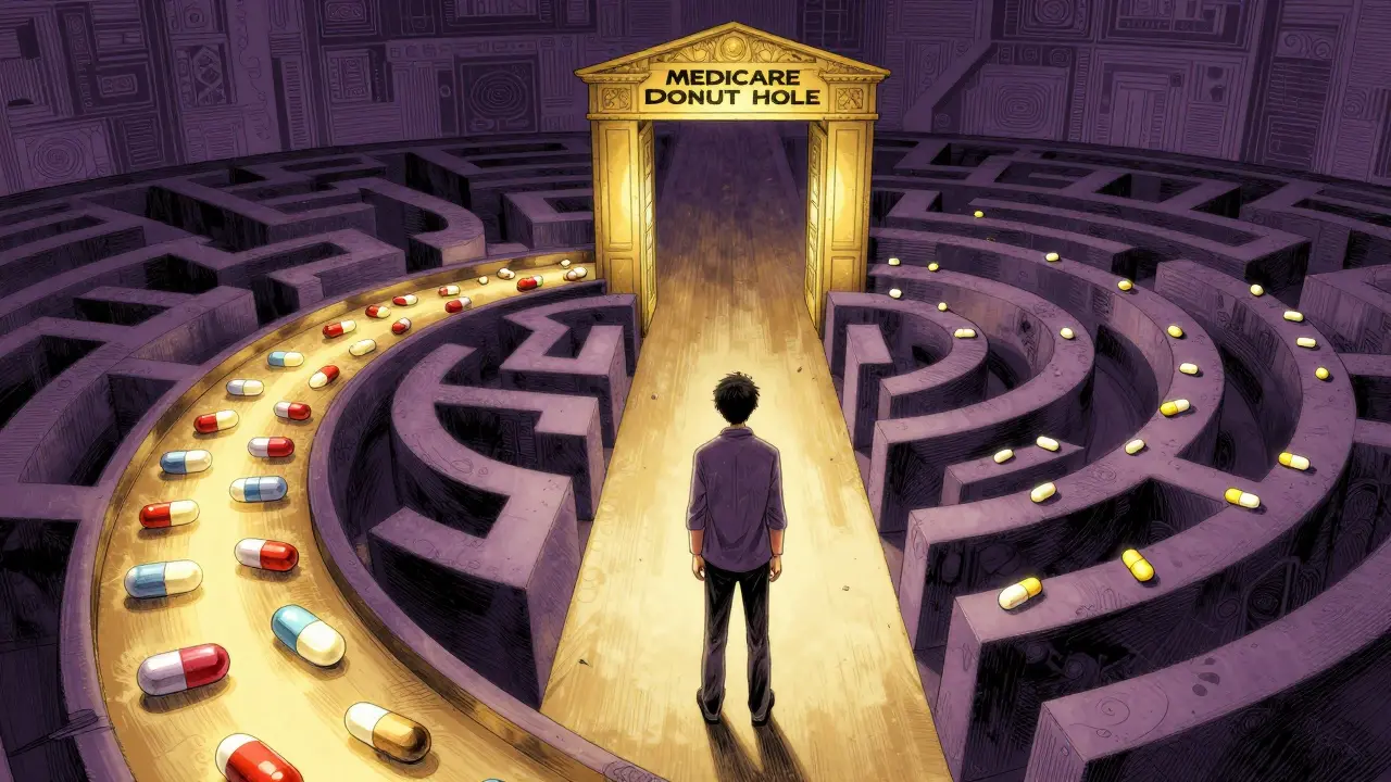 Manga illustration of patient navigating complex Medicare donut hole