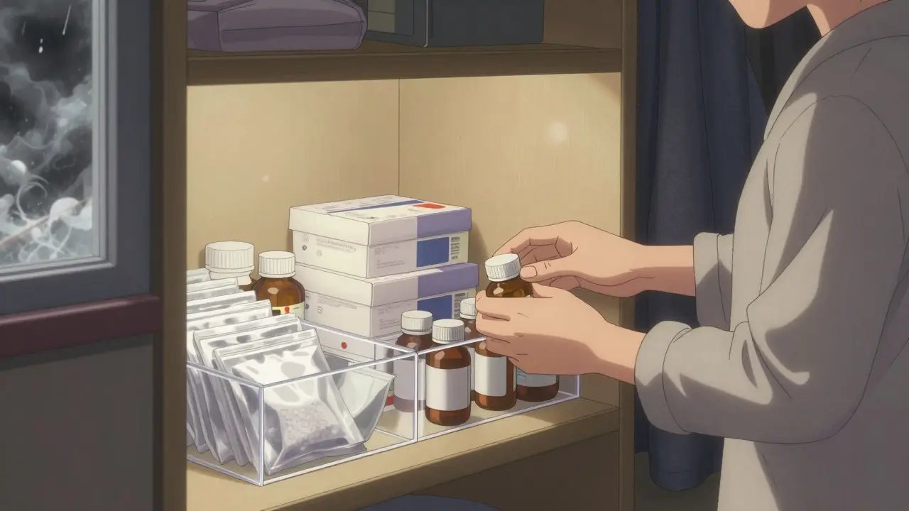 Manga scene of safely storing medications in a cool, dry bedroom closet.