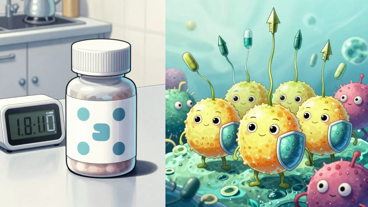 Manga style split view showing pills, a clock, and shielded yeast fighting antibiotic arrows