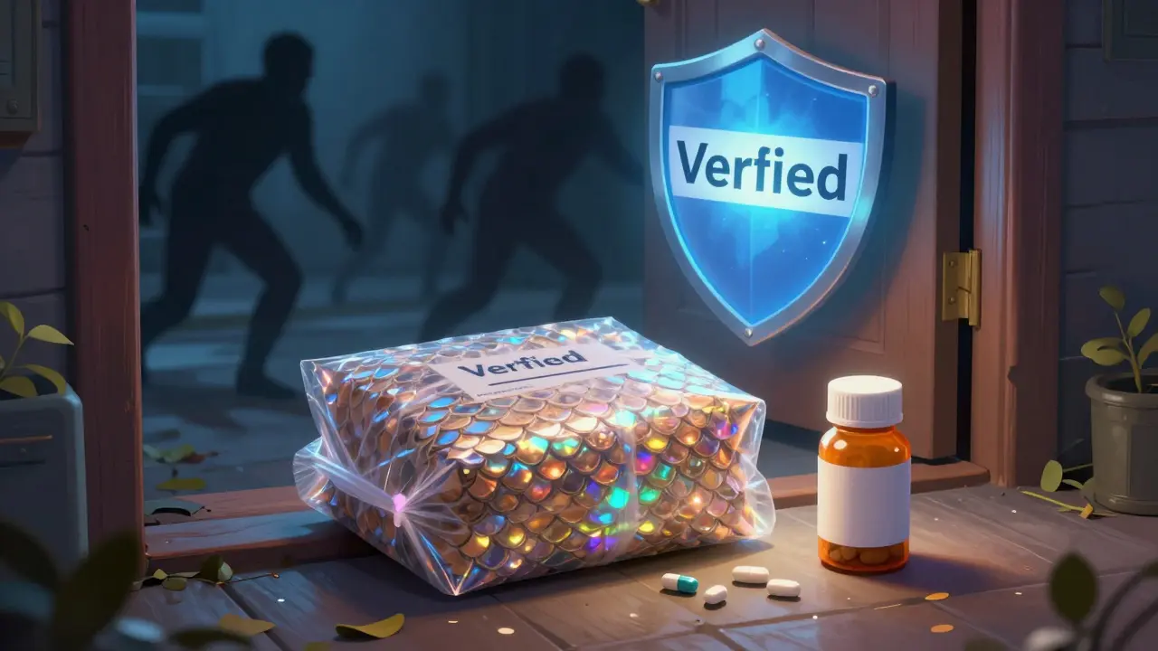 Medication package arriving safely while scam threats fade in CLAMP style illustration.