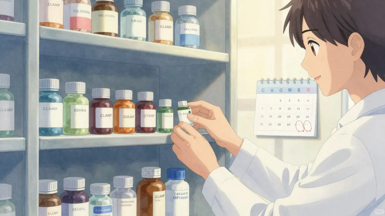 Organized medicine cabinet with refill calendar