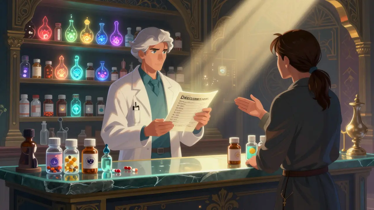 Pharmacist and patient discussing medication choices with glowing magical pills in background