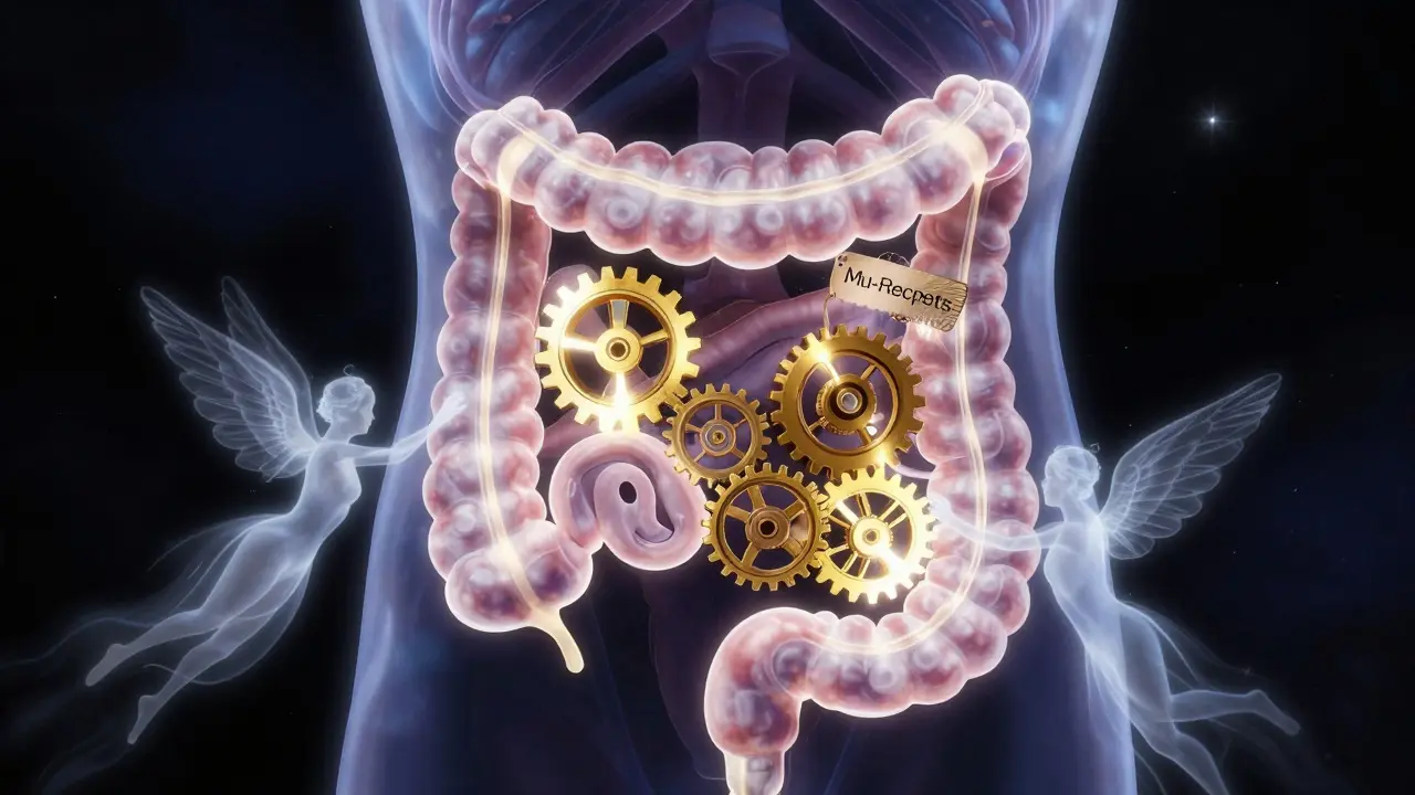 Stylized anime art of gut receptors being unlocked by spirits