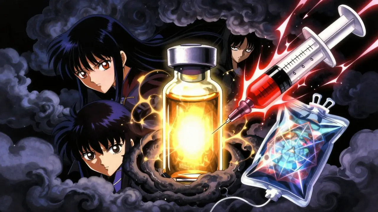 Stylized anime illustration of dangerous medications like insulin and heparin.